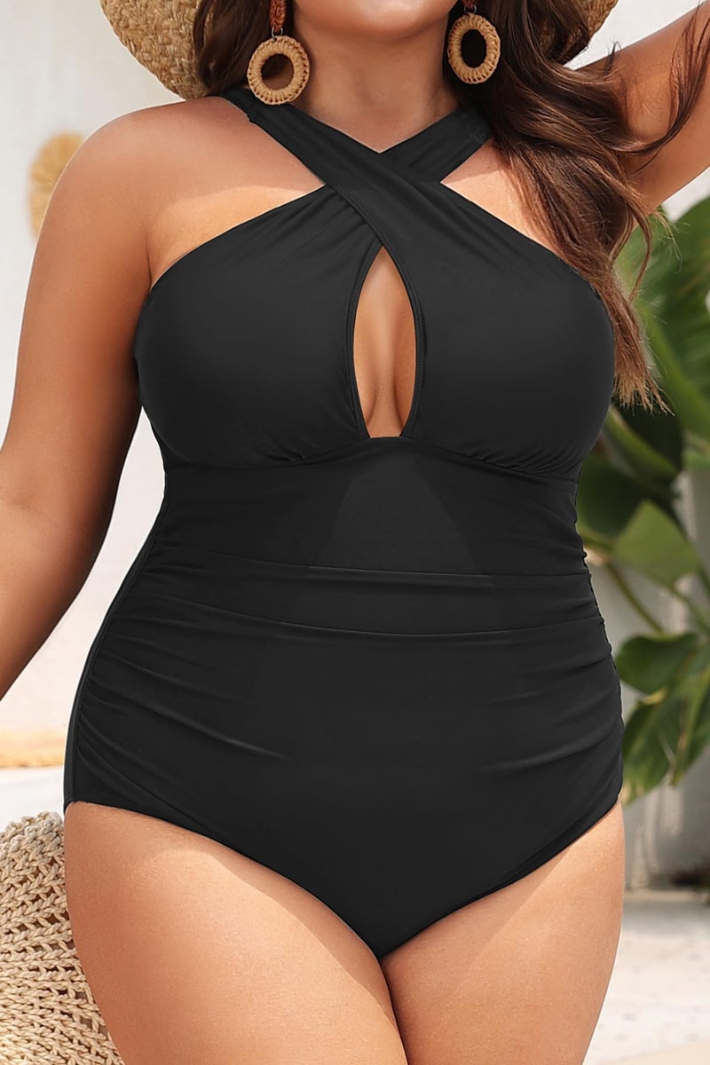 Daci Women Plus Size Swimsuits Tummy Control Black One Piece Bathing Suits Front Cross Keyhole Swimwear Black 20 Plus - Image 3